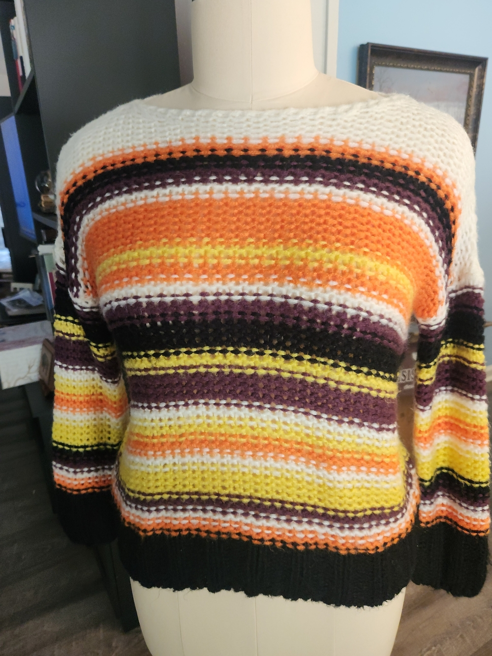 Dreamers Striped Crewneck Sweater in White, Orange, Yellow & Purple